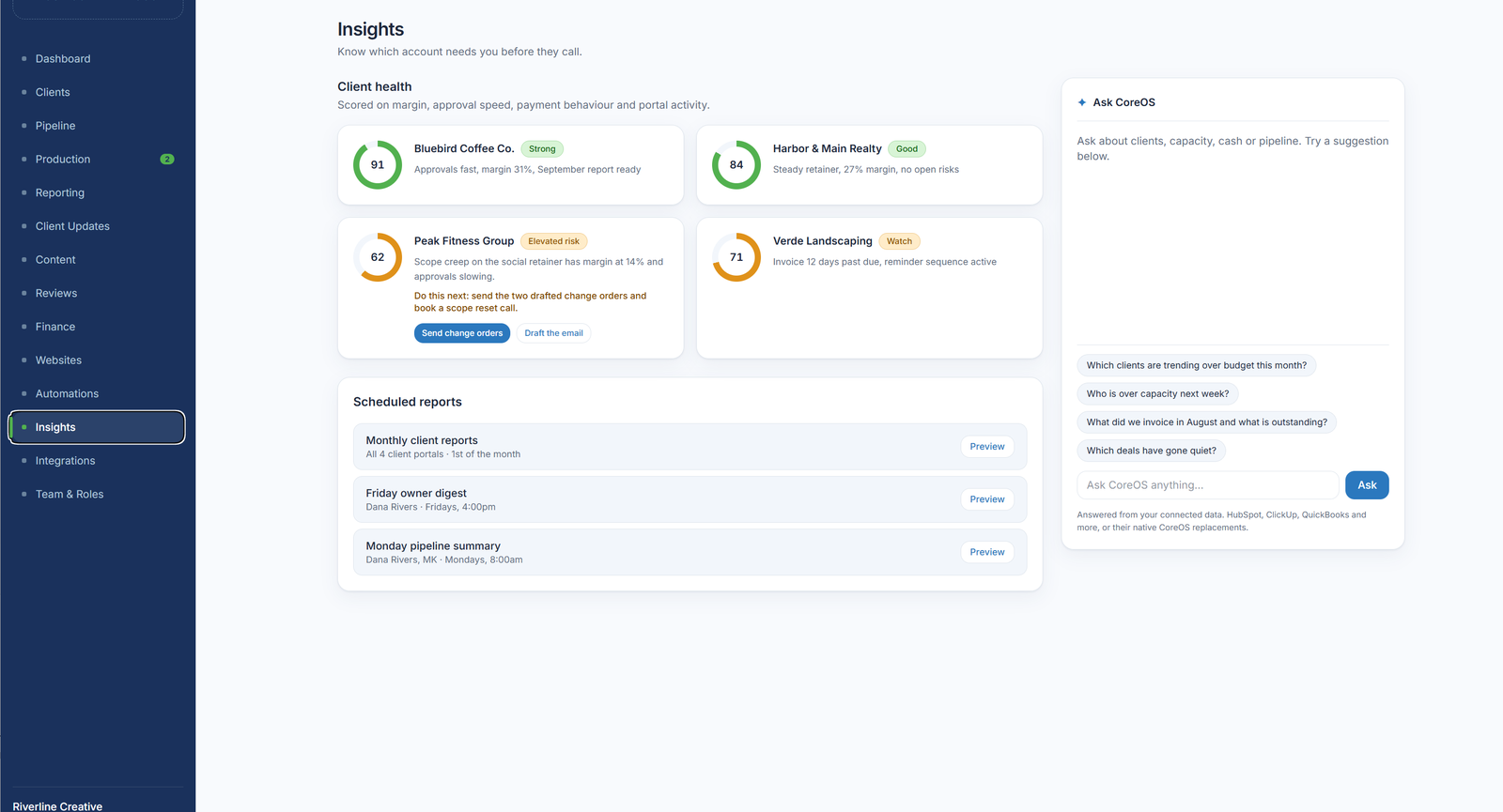 CoreOS Insights showing client health scores and the Ask CoreOS assistant.