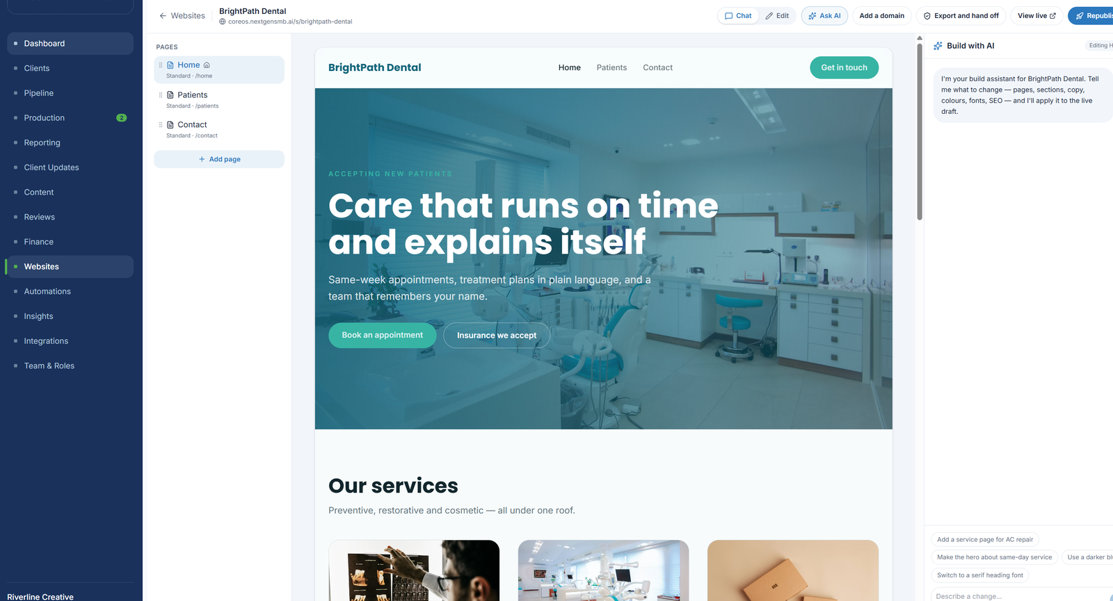 CoreOS Websites builder editing a client website with an AI build assistant.