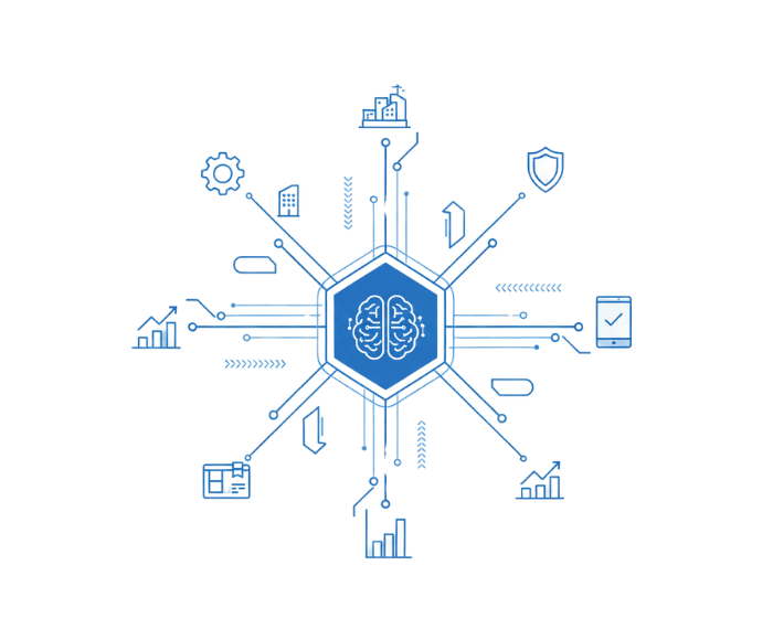 Abstract business systems visualization showing interconnected sales, marketing, and operations components